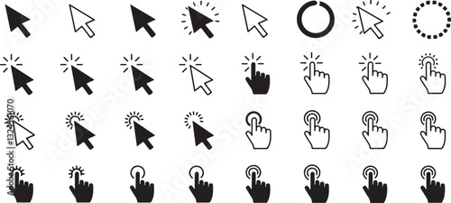 Set of cursor icons click and hand cursor icons click isolated on background. Computer mouse click cursor arrow icons set and loading Clicking cursor, pointing hand clicks icons.

