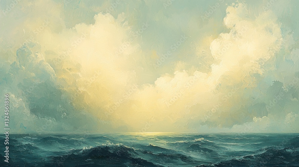 A painted seascape showing clouds above the ocean waves reflecting sunlight A painted seascape showing clouds above the ocean waves reflecting sunlight
