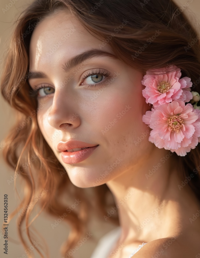 Portrait of woman with rose flowers in hair. Natural beauty, skincare. Strong healthy female hair, beauty face, glamour make-up. Caucasian lady with attractive look, long floral hairstyle, soft skin.