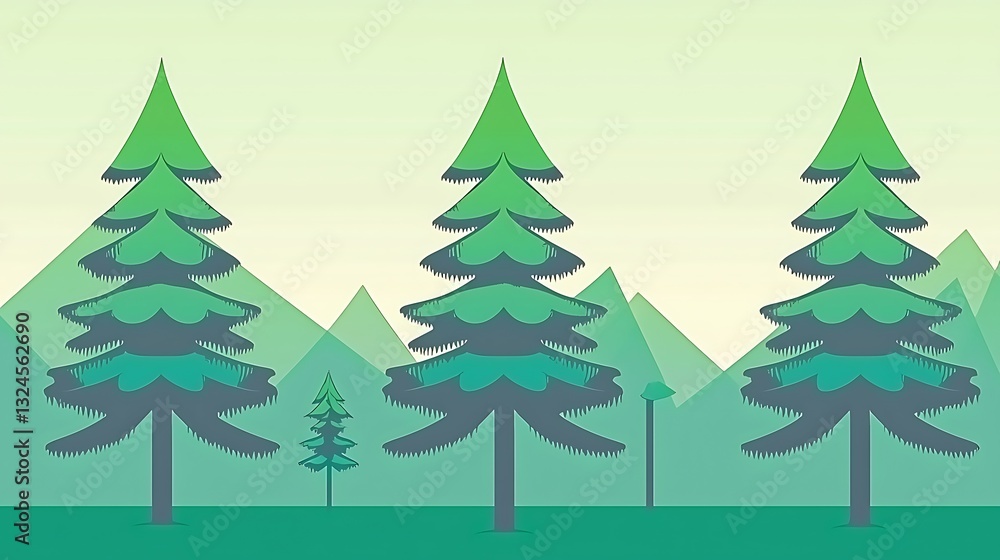 Obraz premium Conifer trees scene, background mountains, forest theme illustration for web design, presentation