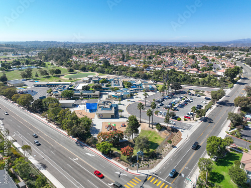 Aerial view of middle class community identical condominium apartment, Oceanside, South California, USA.