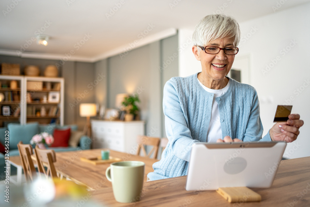 Elderly woman using her tablet to shop online Elderly woman using her tablet to shop online