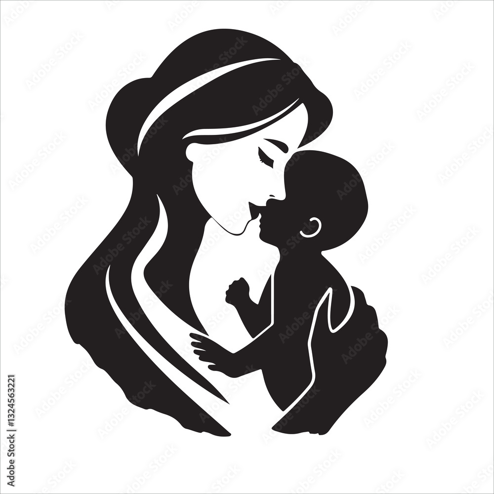 Black and white vector silhouette logo of a mother and child in a geometric style, on a white background. Clean lines and a balanced, symmetrical composition ensure visual clarity and an elegant. Black and white vector silhouette logo of a mother and child in a geometric style, on a white background. Clean lines and a balanced, symmetrical composition ensure visual clarity and an elegant.