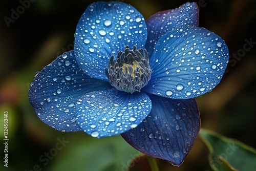 Blue Flower Covered in Dew With a Bud in a Lush Green Background During Early...