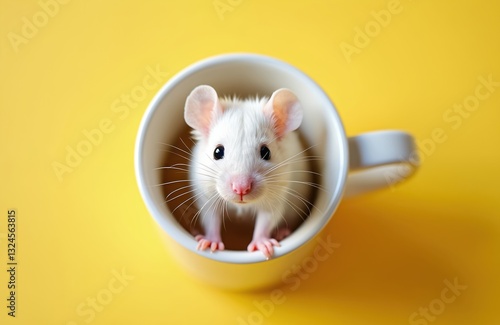 Flatlay of cute white mouse sitting in cup on yellow background. Rodent looks curiously. Lovely small pet on table. Newborn card design. Funny animal. Good morning concept. Fluffy inquisitive baby photo