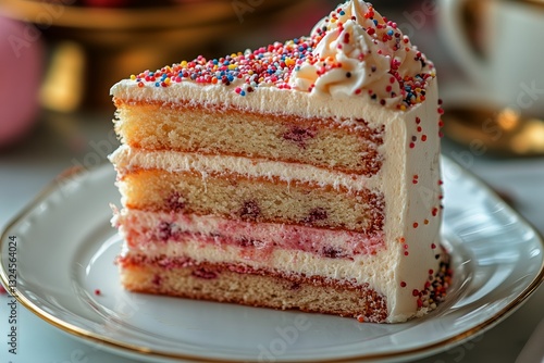 Celebration Slice of Cake Displayed on a Decorative Plate With Colorful Sprin...