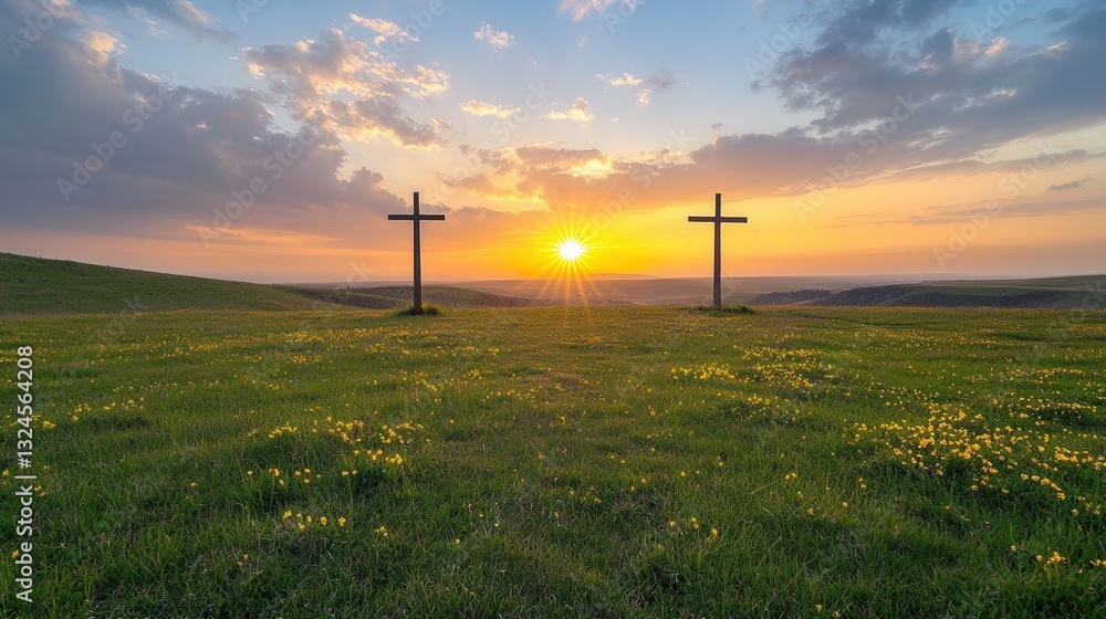 Obraz premium Majestic towering crosses silhouetted against a breathtaking golden sunset casting a serene and spiritual ambiance over the peaceful countryside landscape