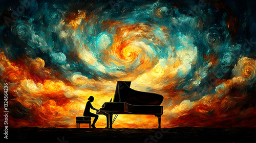 Silhouette pianist plays grand piano, surreal sky