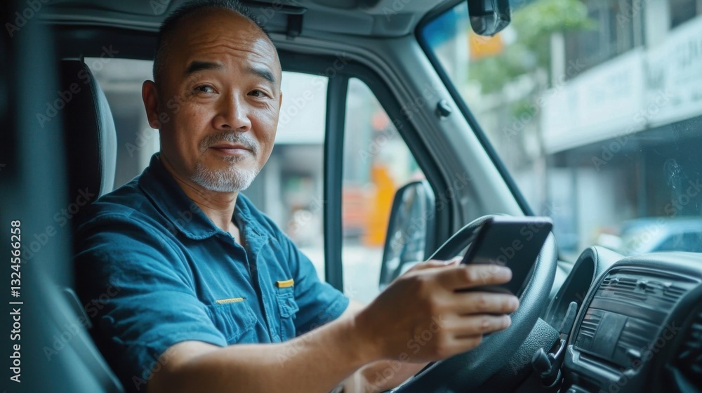 Obraz premium Mature Delivery Driver Using Smartphone in Van