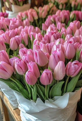 Freshly Picked Pink Tulips Displayed in Vibrant Bouquets at a Local Market
