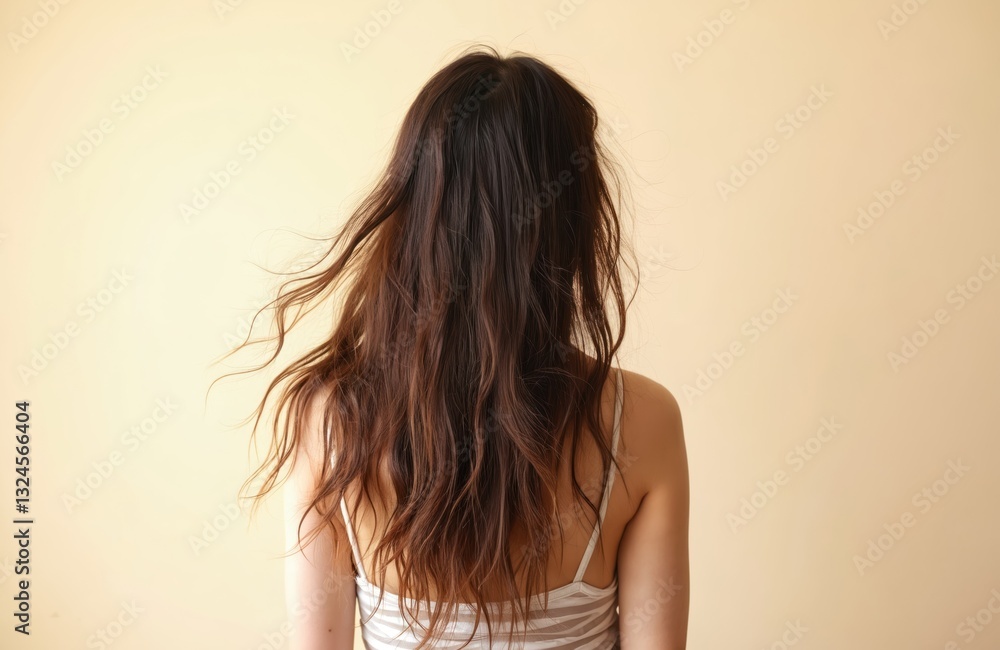 Back view of woman with dark long disheveled dry hair. Unbrushed messy hair with split ends requires care, treatment. Hair damage, frustration, health problem. Unhealthy tangled hair beauty issue. Back view of woman with dark long disheveled dry hair. Unbrushed messy hair with split ends requires care, treatment. Hair damage, frustration, health problem. Unhealthy tangled hair beauty issue.