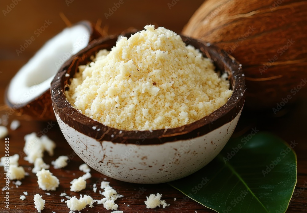 Fresh Coconut Shavings in Rustic Bowl Surrounded by Whole Coconut on Wooden Table with Natural Green Leaf Accents for Culinary and Lifestyle Themes Fresh Coconut Shavings in Rustic Bowl Surrounded by Whole Coconut on Wooden Table with Natural Green Leaf Accents for Culinary and Lifestyle Themes