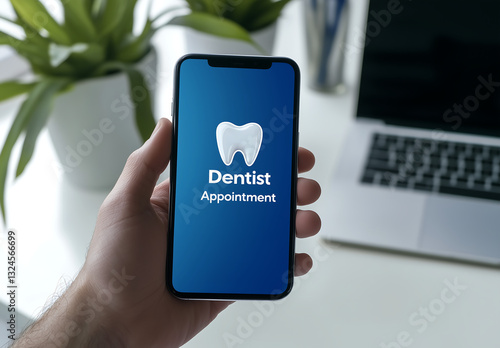 Hand holding a smartphone displaying a dentist appointment reminder on a blue background, concept of online booking and healthcare scheduling