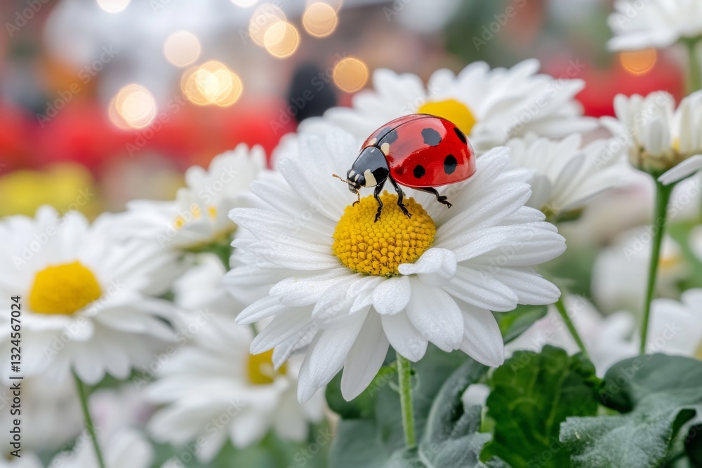 Naklejka premium A ladybug on a white daisy, its red shell and black spots standing out against the crisp white petals