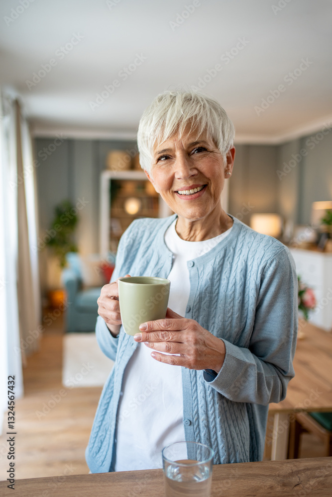 Senior woman enjoying a relaxing moment with coffee at home Senior woman enjoying a relaxing moment with coffee at home