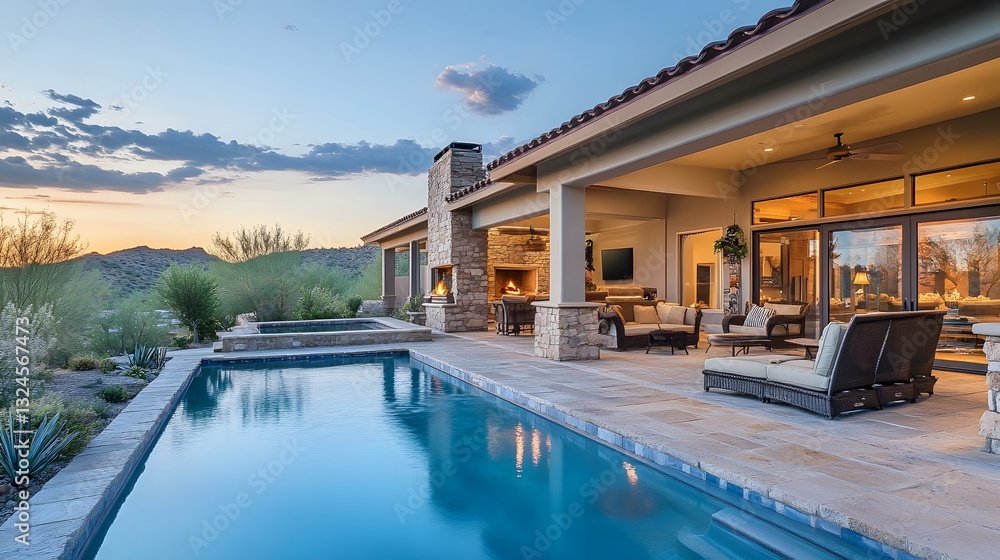 Fototapeta premium Luxury Desert Home with Pool and Outdoor Living Area