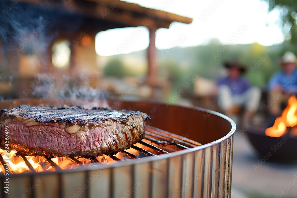 Sizzling Steak on the Grill: A mouthwatering steak sears on a grill, emitting tempting smoke, with a blurred background of friends gathered around a fire, ready for a delightful outdoor gathering. Sizzling Steak on the Grill: A mouthwatering steak sears on a grill, emitting tempting smoke, with a blurred background of friends gathered around a fire, ready for a delightful outdoor gathering.