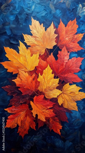 Colorful Autumn Leaves in Shades of Orange, Red, and Yellow Against a Cool Bl...