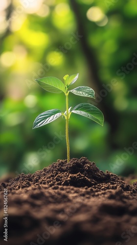 New Plant Sprouting From Rich Soil Under Soft Diffuse Sunlight in a Vibrant E...