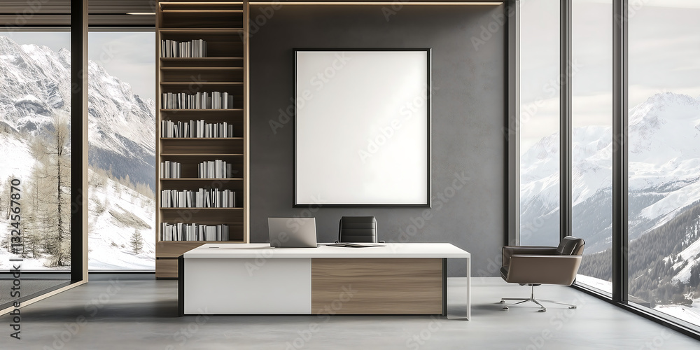 Empty poster frame mockup in a bright modern interior with panoramic mountain view, minimalistic design template for artwork, branding, or advertising Empty poster frame mockup in a bright modern interior with panoramic mountain view, minimalistic design template for artwork, branding, or advertising