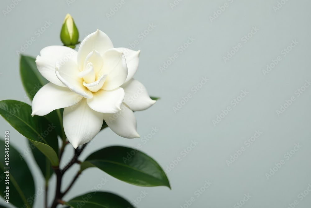 Pure white gardenia blooms on a slender black stem, nature, flower, floral Pure white gardenia blooms on a slender black stem, nature, flower, floral