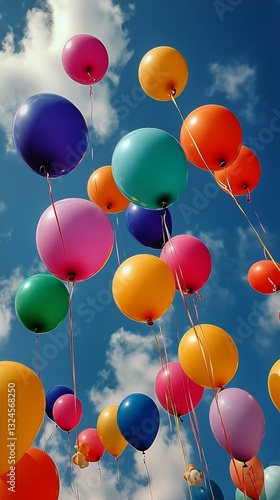 Colorful Balloons Floating Against a Clear Blue Sky in Bright Sunlight