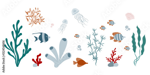 Marine algae, seaweed, corals, plants, shells, fish. Marine inhabitants of the underwater world. Underwater set