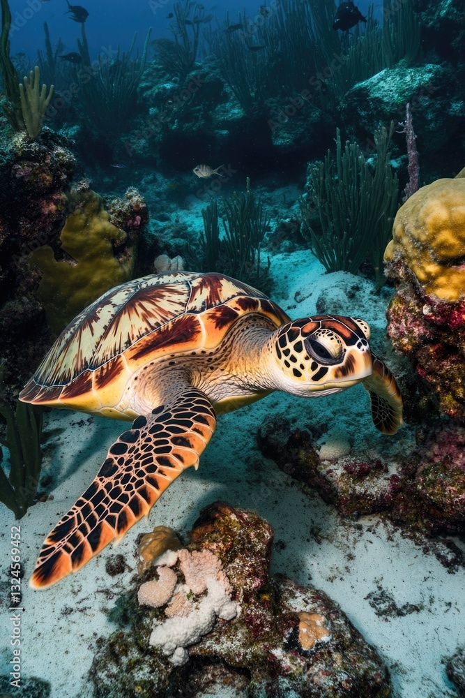 Fototapeta premium Turtle swimming near coral reef
