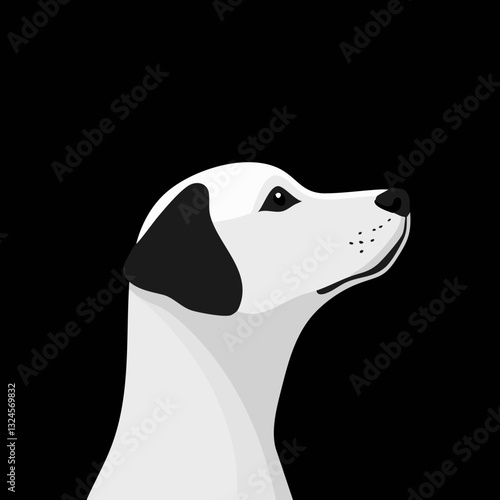 Vektorillustration eines weißen Hundes mit schwarzem Fleck auf dem Kopf vor schwarzem Hintergrund