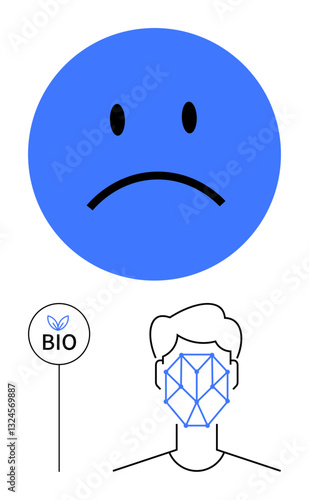 Blue sad face icon symbolizes dissatisfaction above head with a geometric mask and bio-sign indicating eco-related issues. Ideal for emotions, sustainability, health, environment, eco-friendliness