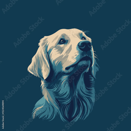 Ein stilisiertes Porträt eines goldenen Retrievers vor einem dunkelblauen Hintergrund, vermittelt Gefühle von Ruhe und Treue.