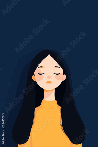 Illustration eines ruhigen Mädchens mit langen, dunklen Haaren, das in einem gelben Pullover vor einem dunklen Hintergrund steht