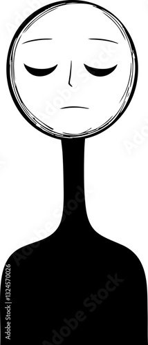 Minimalistische Illustration eines nachdenklichen Charakters mit langen Hals und geschlossenen Augen in Schwarz-Weiß