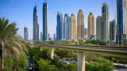 Dubai's Modern Transportation: Elevated Train Against Skyscrapers
