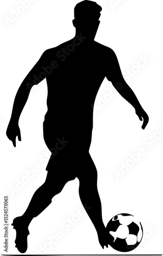 Silhouette eines Fußballspielers, der dynamisch einen Ball spielt, auf weißem Hintergrund
