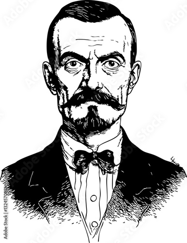 Schwarz-weiße Illustration eines eleganten Mannes mit Bart und Fliege im Vintage-Stil