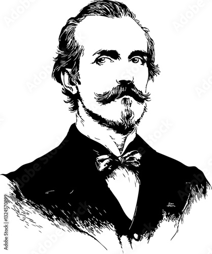 Historische Schwarz-Weiß-Illustration eines eleganten Mannes mit Schnurrbart in Anzug und Fliege