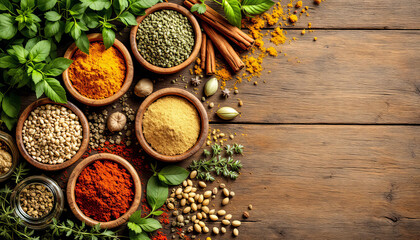 Papier peint photo Cuisine Herbs and spices background with a rustic wooden table and various seasonings  © Anna