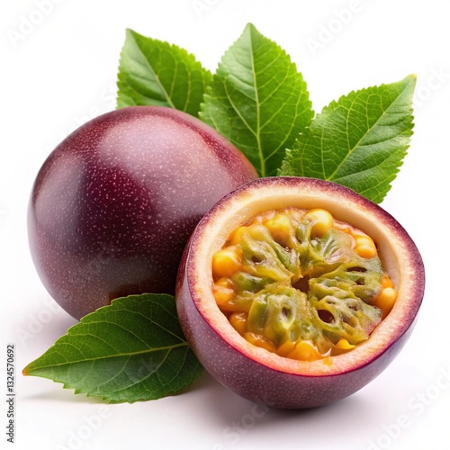 Passion fruit with leaves isolated background white