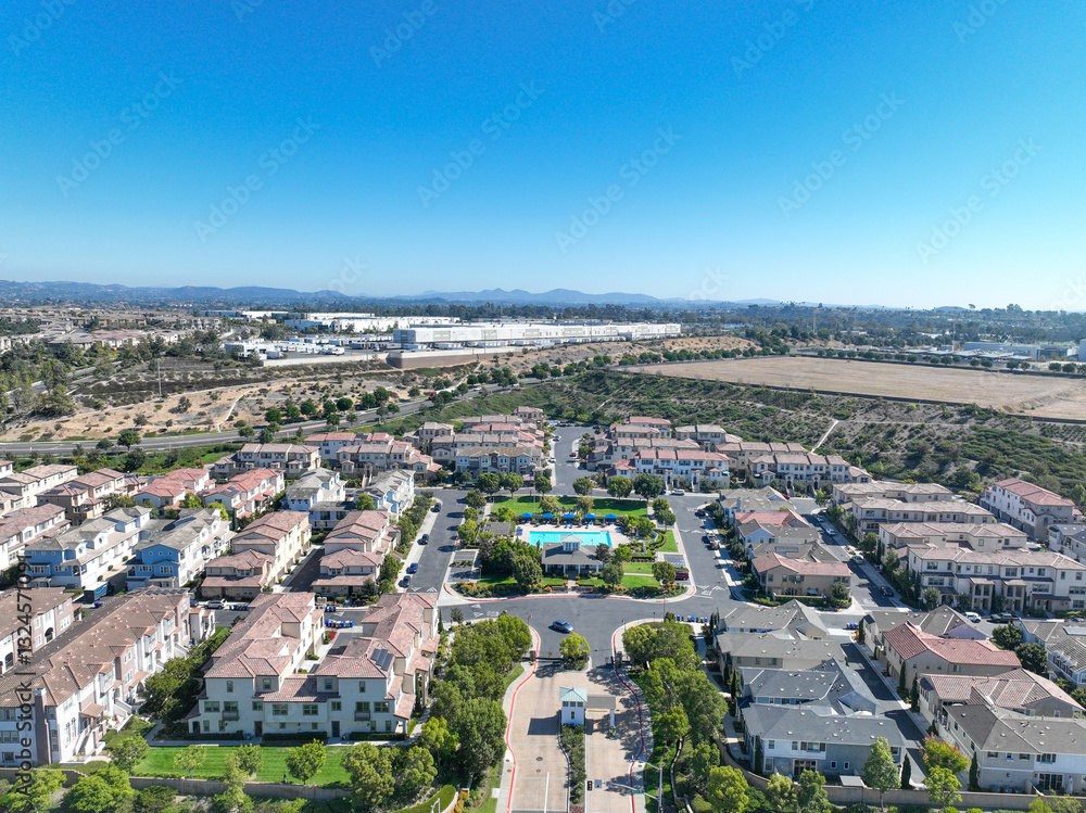 Aerial view of middle class community identical condominium apartment, Oceanside, South California, USA.