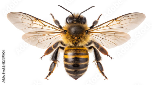 A Busy Honeybee, Wings Spread Wide In Flight, Showcasing Its Intricate Body And Delicate Veins, Against A Stark Isolated on Transparent Background