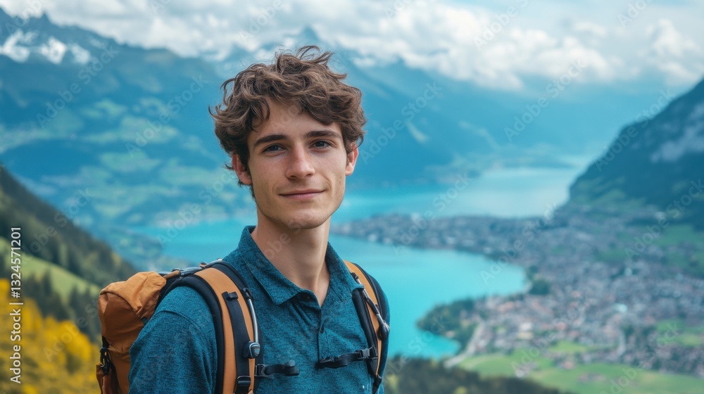 Happy Young Man Hiking in Swiss Alps Happy Young Man Hiking in Swiss Alps