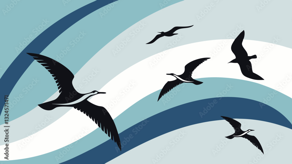 Fototapeta premium Birds flying over abstract waves in sky evoke freedom and nature harmony for stock illustration.
