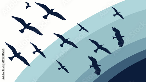 Birds flying over abstract waves in sky evoke freedom and nature harmony for stock illustration.