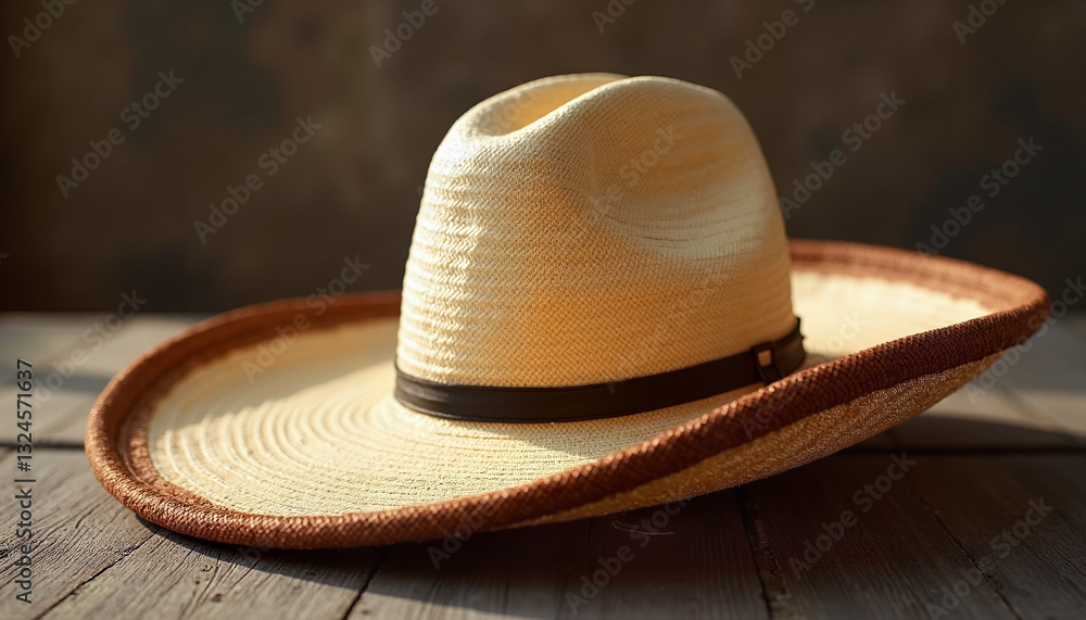 Classic straw cowboy hat with brown band on rustic wooden background