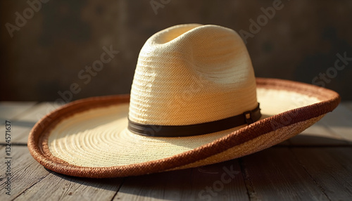 Obraz na płótnie Classic straw cowboy hat with brown band on rustic wooden background w salonie