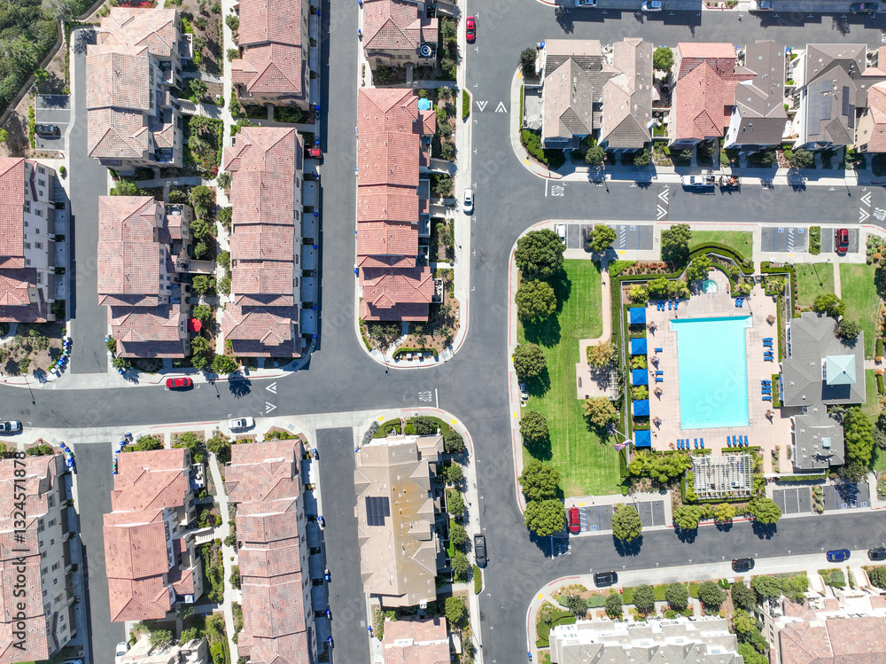 Aerial view of middle class community identical condominium apartment, Oceanside, South California, USA.