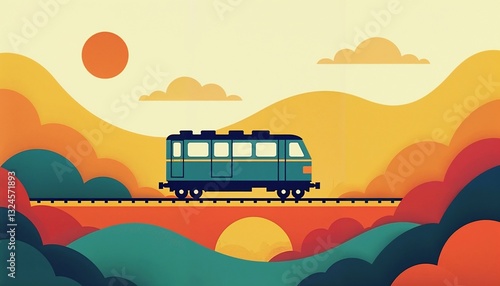 Obraz na płótnie Stylized illustration of a train traveling through colorful landscape at sunset w salonie