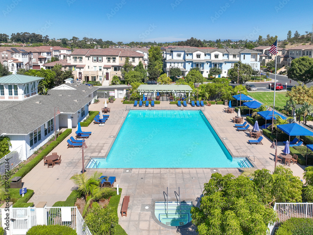Aerial view of middle class community identical condominium apartment, Oceanside, South California, USA.