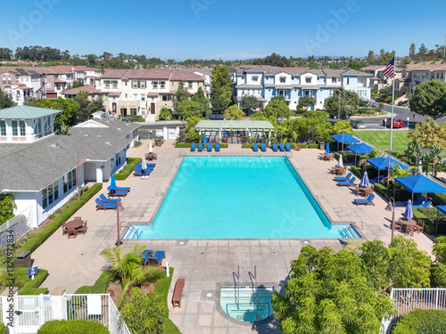 Obraz na płótnie Aerial view of middle class community identical condominium apartment, Oceanside, South California, USA. w salonie